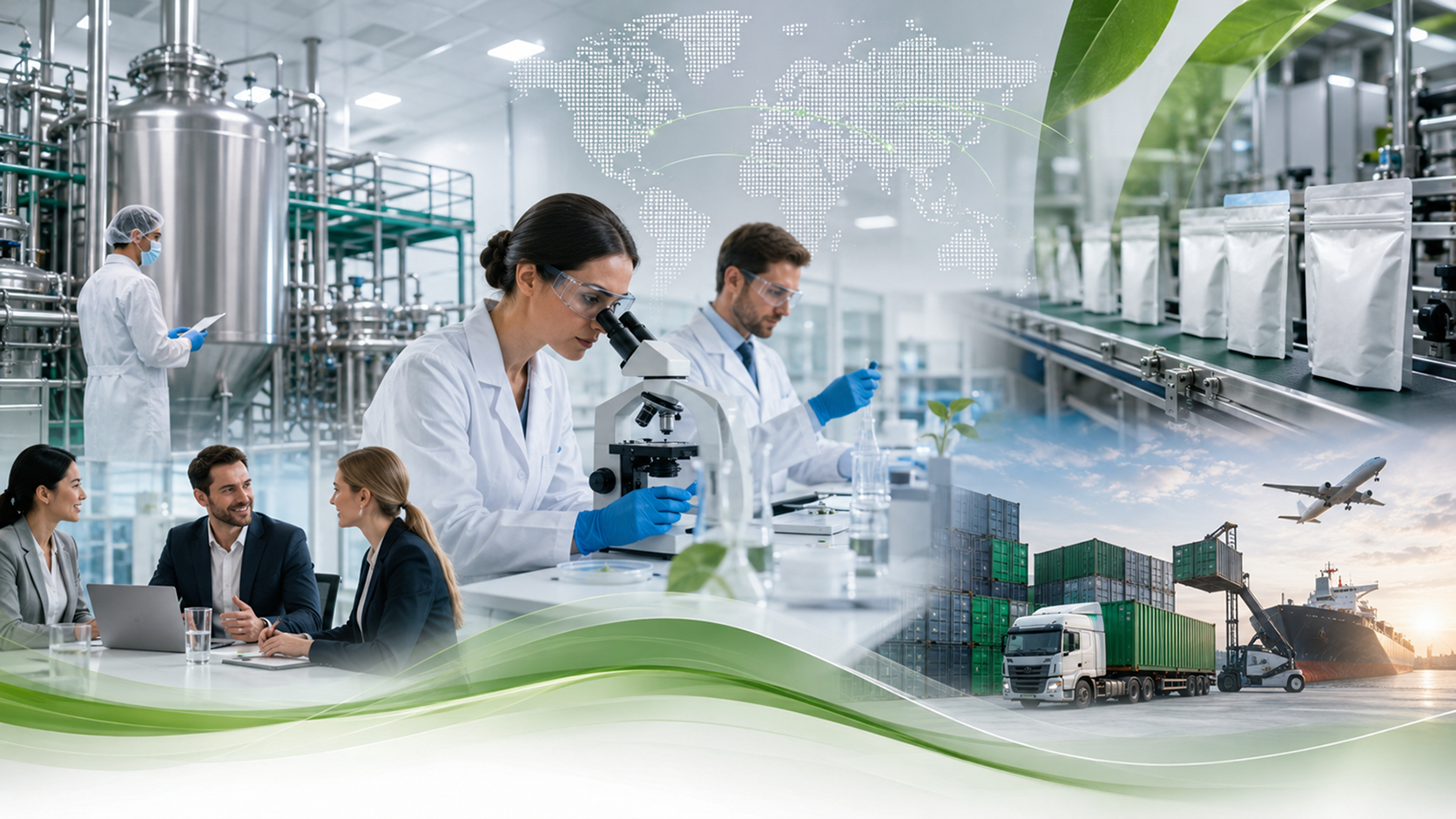 Corporate biotechnology and global supply collage showing R and D, manufacturing, packaging, and logistics