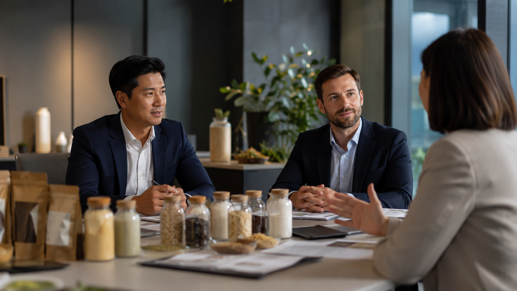 Professional business meeting discussing ingredient samples and international supply cooperation