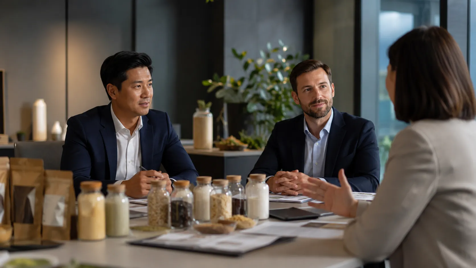 Professional business meeting discussing ingredient samples and international supply cooperation