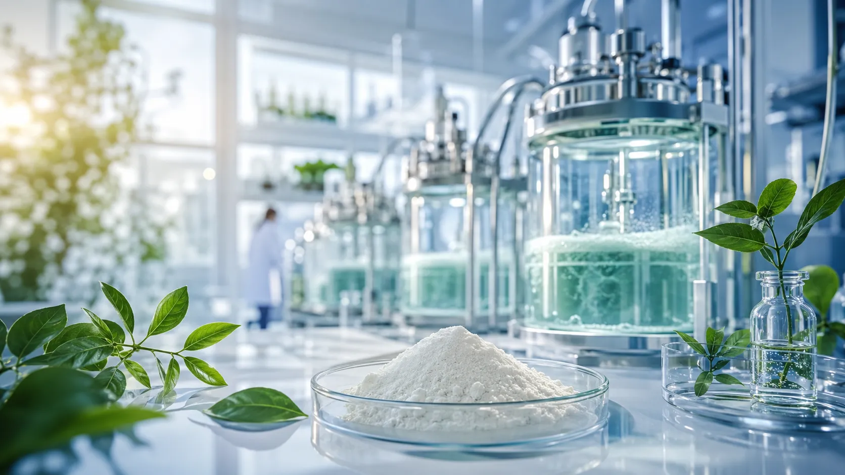 Biotechnology production environment with bioreactors, plant-based materials, and ingredient preparation