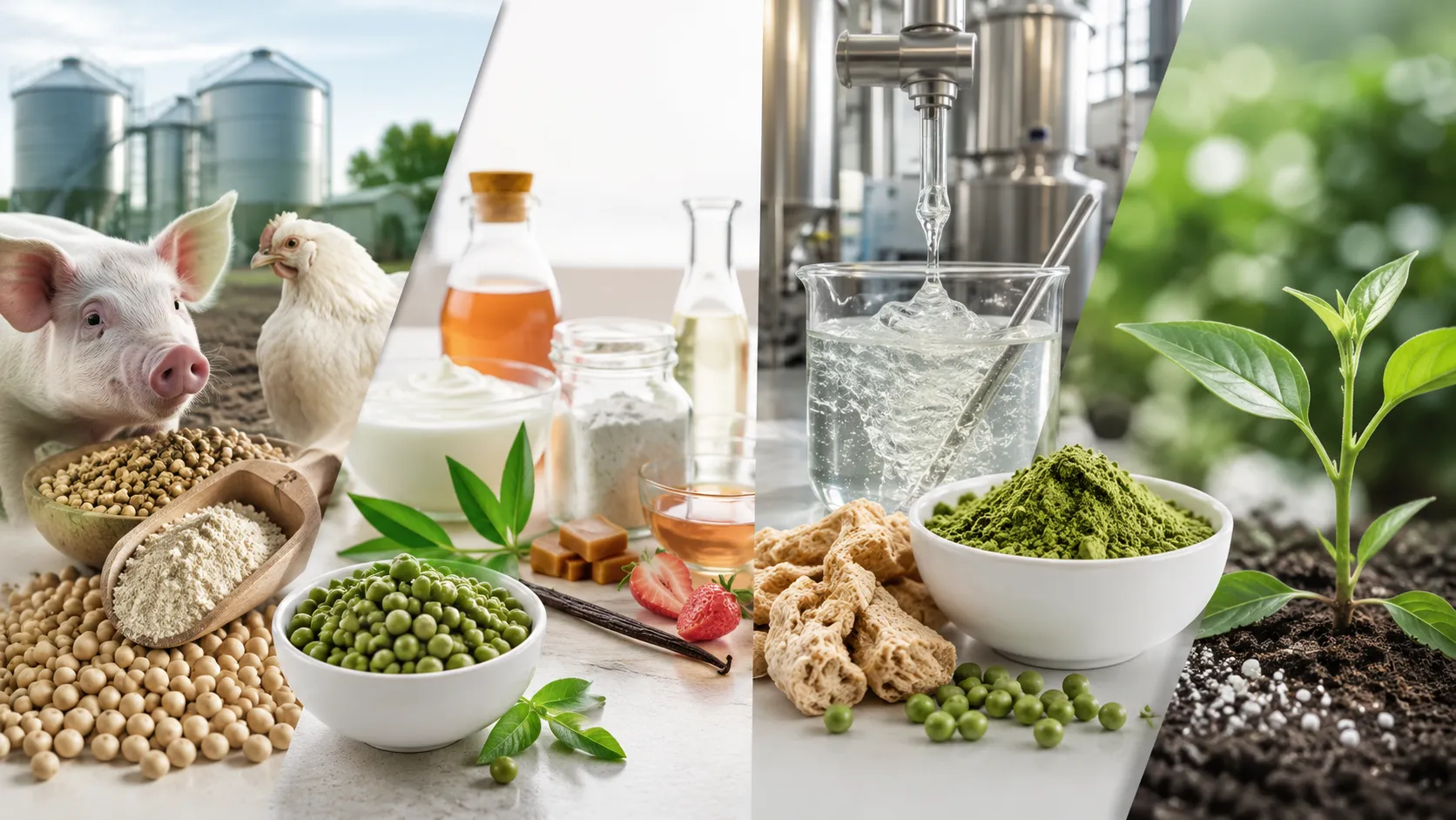 Industry applications collage showing animal nutrition, food ingredients, hydrocolloids, industrial processing, and plant nutrition