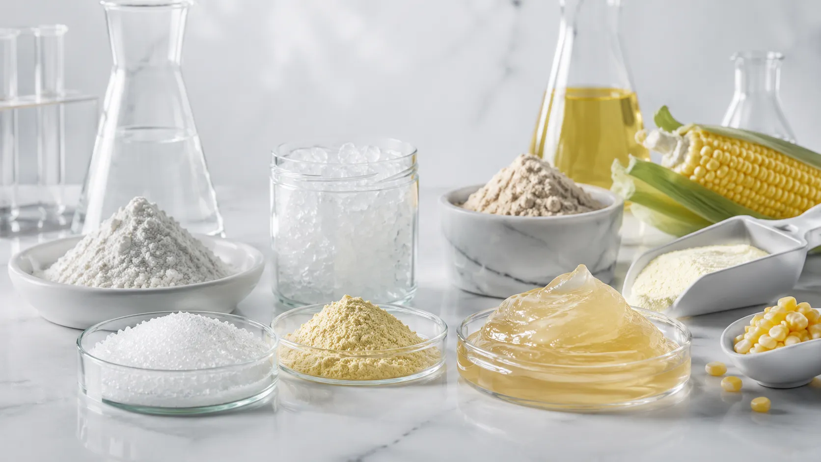 Product collection hero showing ingredient powders, crystals, gels, and corn-based elements in a clean laboratory setting