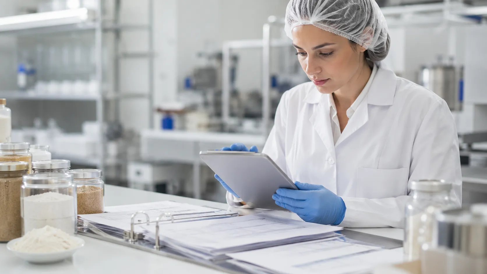 Quality-control scientist reviewing product samples and technical documents in a modern laboratory