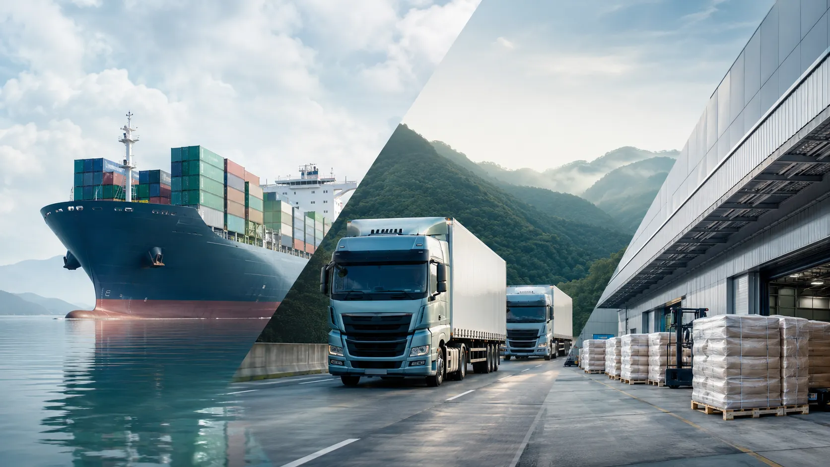 Global supply logistics visual with container ship, trucks, and warehouse cargo handling